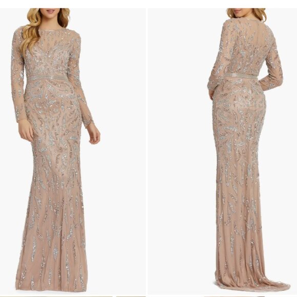 MAC DUGGAL 5124 BEADED LONG SLEEVE MOCHA EVENING GOWN sz 6 - Picture 1 of 3